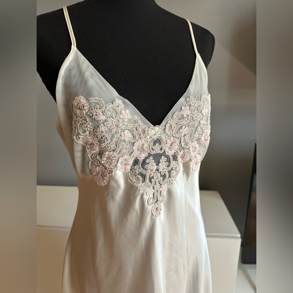 Vintage Cream Satin Slip Dress with Pale Pink Lace